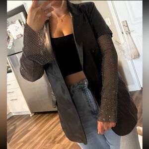 N.1LA Black‎ Faux Leather Blazer with Sparkly Mesh Rhinestone Sleeves, Size M